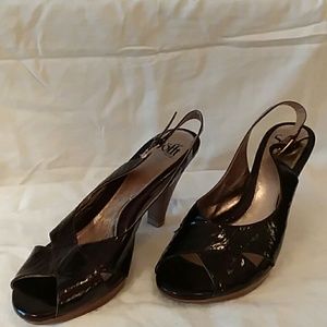 Sofft brown peep toe sling back platform h…
